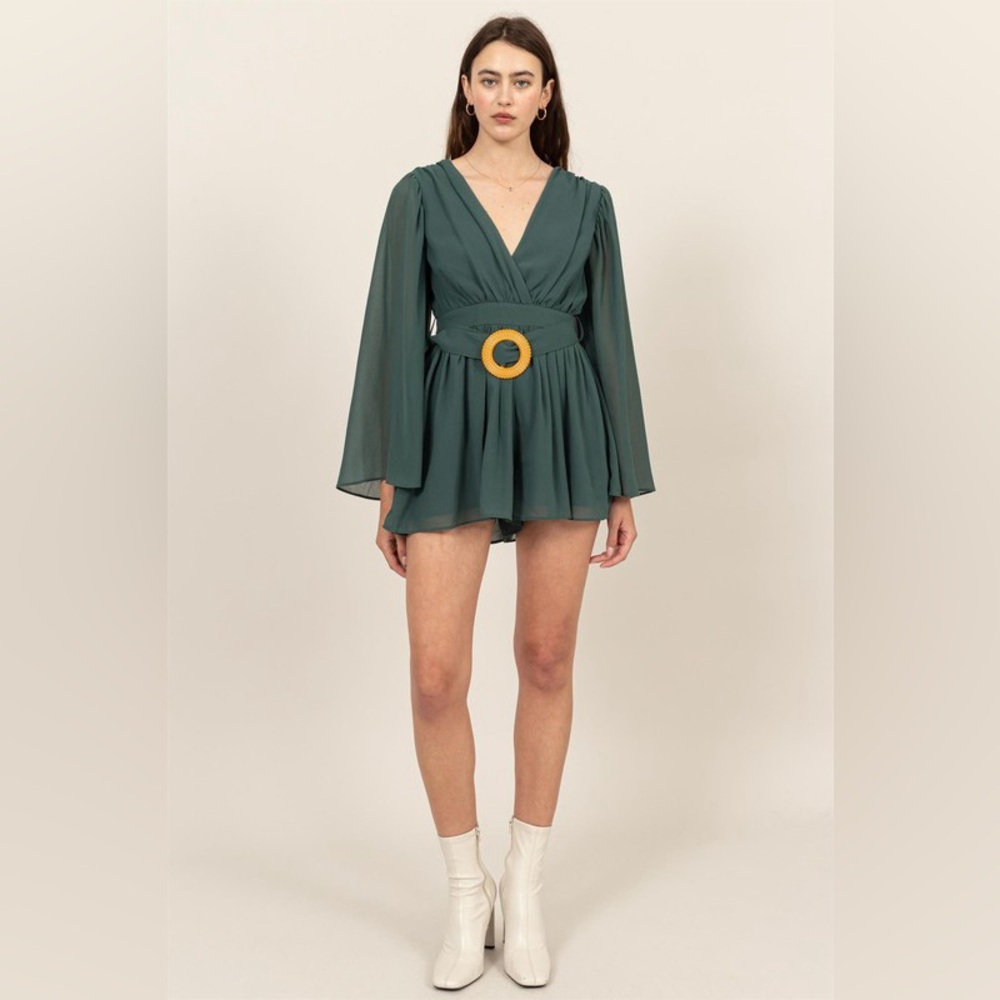 36B. Plunging Neck Line Bell Sleeve Romper - Green